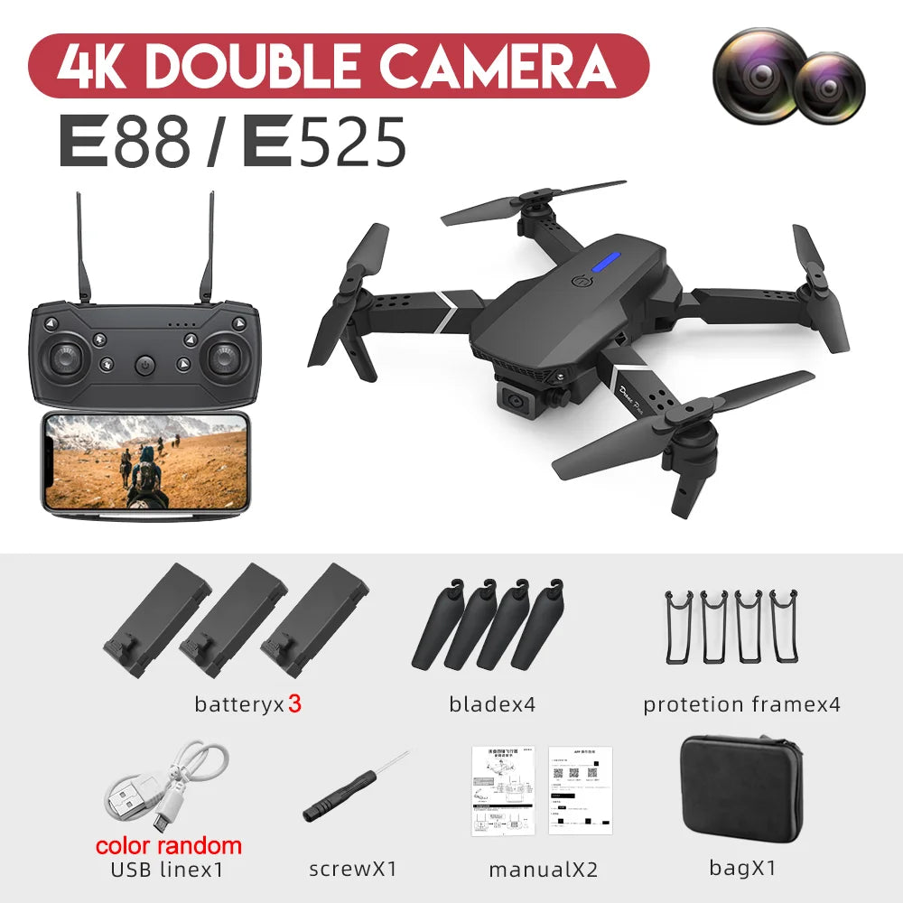 E88Pro 4K RC Drone - Professional Foldable Quadcopter with HD Camera & 3 Batteries