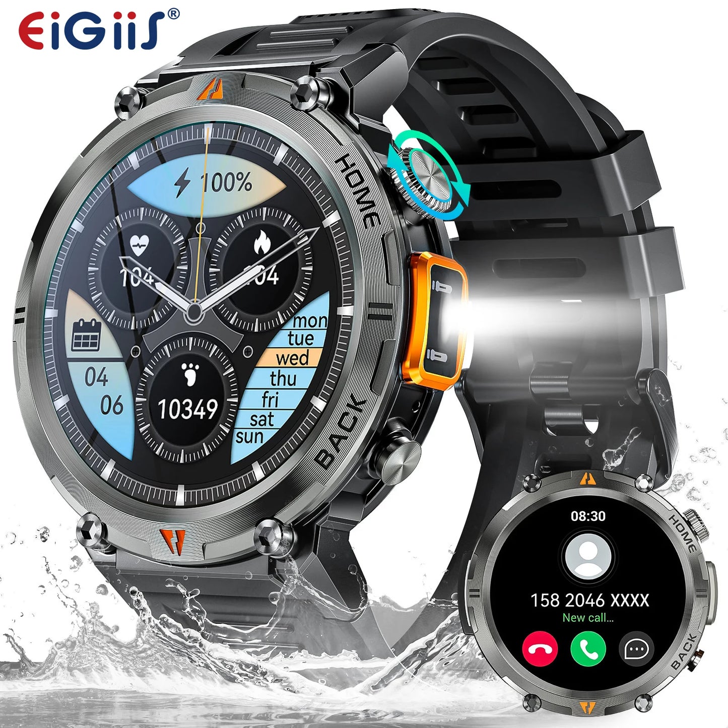 EIGIIS KE3 Smart Watch - Bluetooth Call, Health Monitor & Flashlight for Men